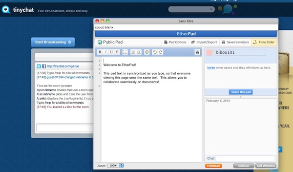 tinychat etherpad TinyChat intègre EtherPad, un tableau blanc et YouTube  