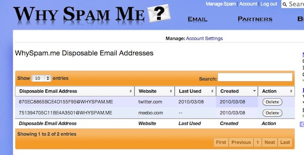 whyspam me Générez des adresses mail que vous pouvez détruire en tout temps