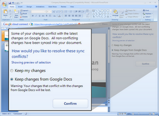 GoogleCloudConnect conflict resolution dialogue Google Documents se synchronisera bientôt avec Microsoft Office