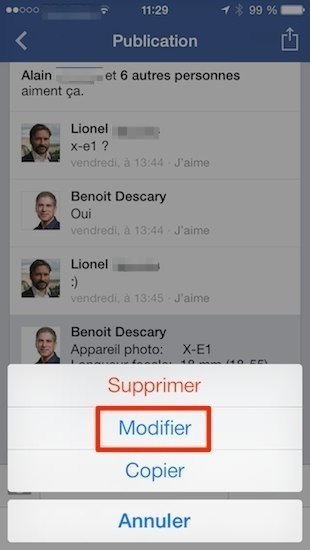 new ios facebook modifier commentaire