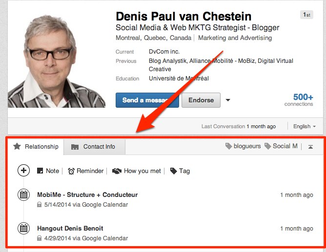 linkedin contacts, note, calendrier