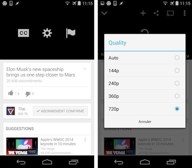 youtube android qualite video