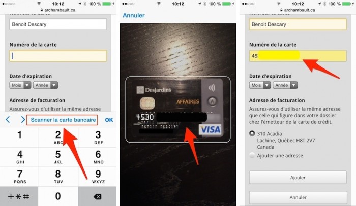 Scanner votre carte bancaire lorsque vous faites une transaction sur Safari ios8