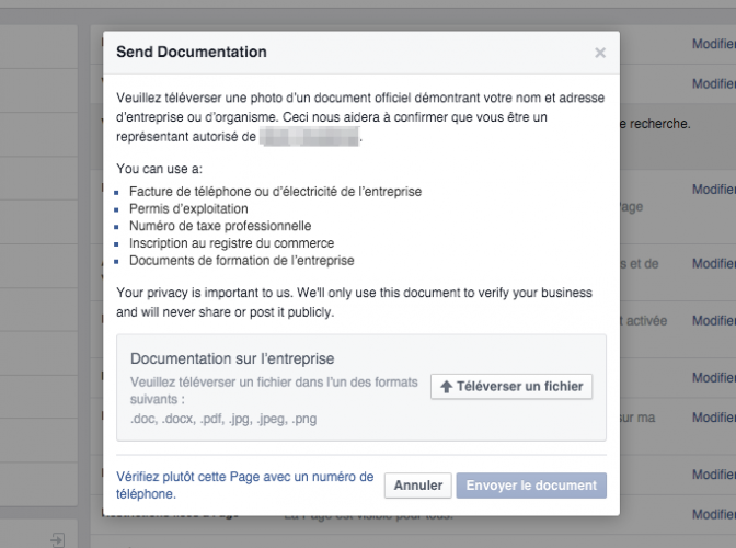 page facebook valider avec documents