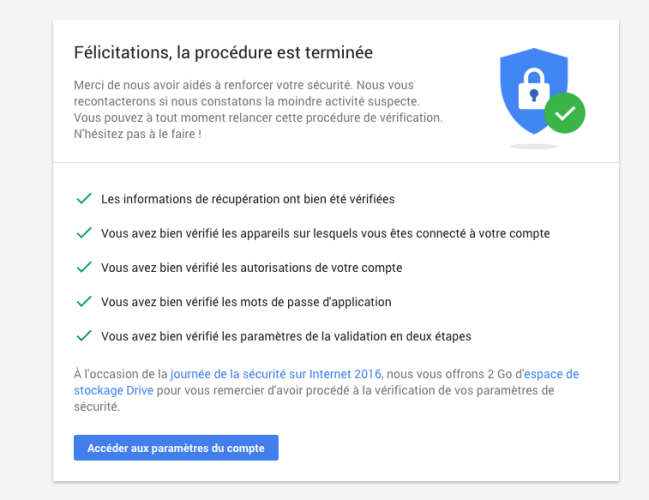 parametres securite google 2 gigas gratuit